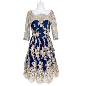ChiChi London Metallic Formal Midi Dress Navy Gold Embroidered Lace US 2